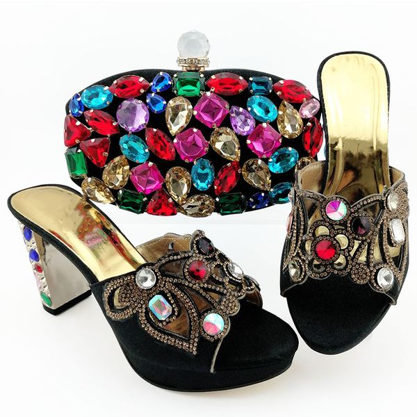 

wonderful black women dress shoes with big colorful crystal decoration african pumps match handbag set qsl007,heel 9cm