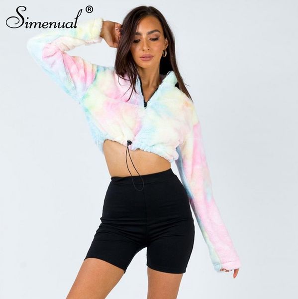 

simenual tie dye поддельной овечья шерсть кофта женщина zipper 2019 осени вскользь толстовка с длинным рукавом furry руно crop top, Black