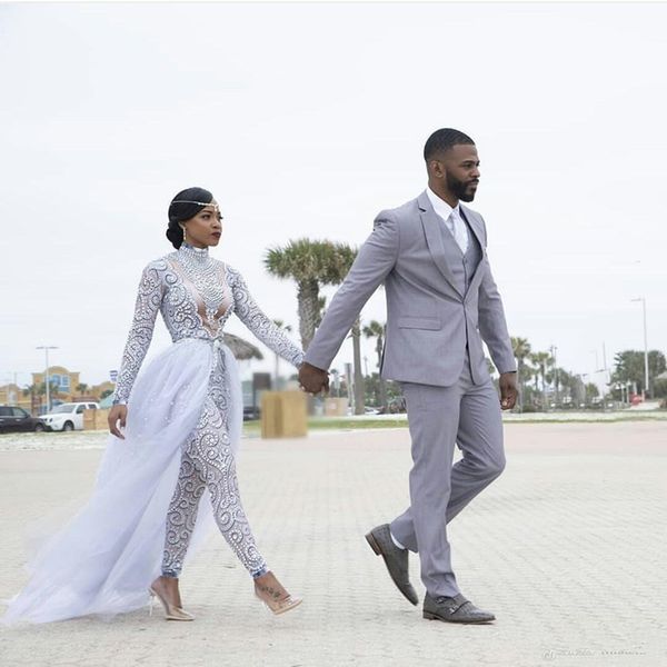 

plus size 2020 new jumpsuits wedding dresses with detachable train high neck long sleeves african beaded wedding dress bridal gowns 4606, White