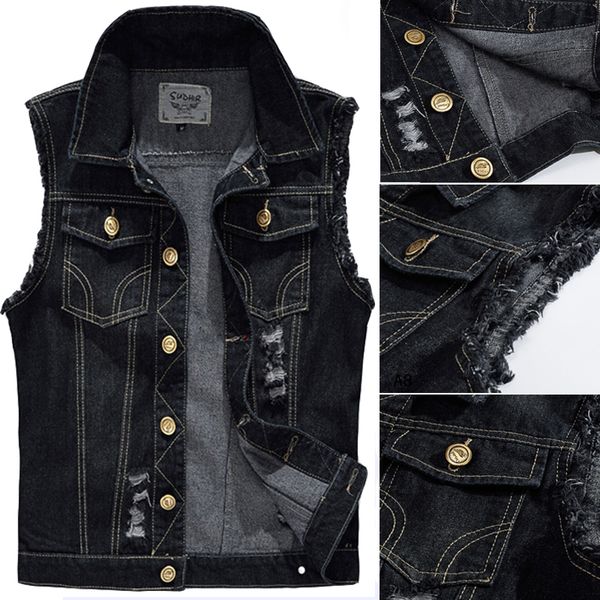 

big size male ripped vintage black sleeveless jean jacket men motorcycle cowboy denim vest men plus size 4xl,5xl, Black;white
