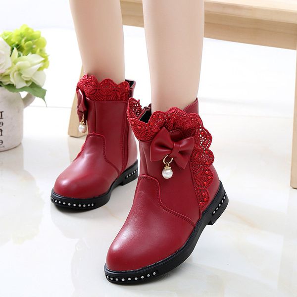 

2019 autumn winter children shoes pu leather ankle boots kids warm boots snow girls fashion bow-tie shoes size 27-37, Black;grey