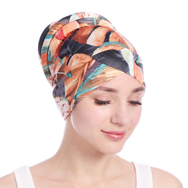 

muslim women stretch cotton floral leaf print turban hats chemo beanie chemotherapy hijab pleated wrap cover hair accessories