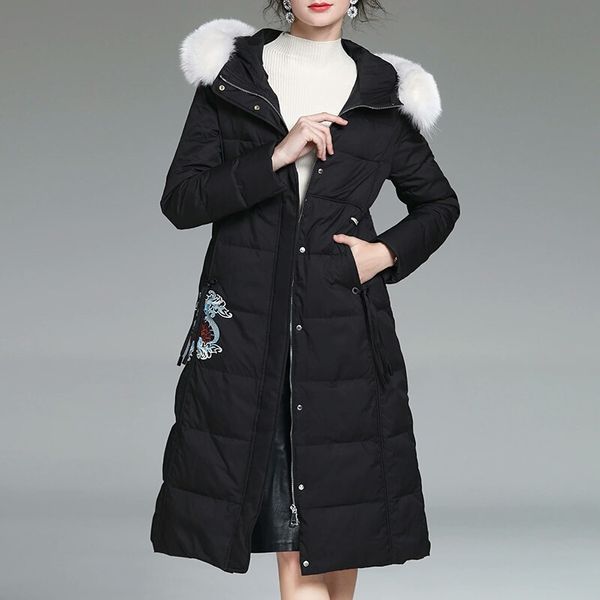 

women winter embroidered down jacket luxury designer 90% white duck down filled real fox fur hood coat womens parka long coats size m, Black
