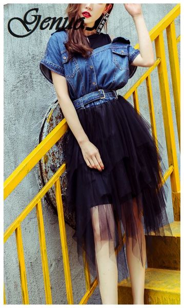 

tulle denim summer dress tunic female jean dresses for women casual bandage off shoulder big size clothes, Black;gray