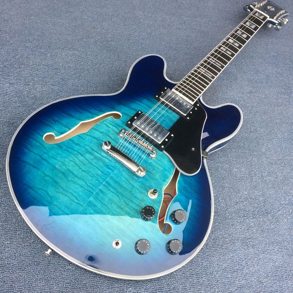 

custom shop bule burst color quilte maple semi hollow body jazz electric guitar black pickguard,12 string guitar190127