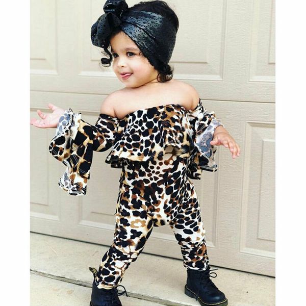 

newborn baby girl leopard print one-necked romper ruffles flare sleeve jumpsuit outfit clothes top, Blue