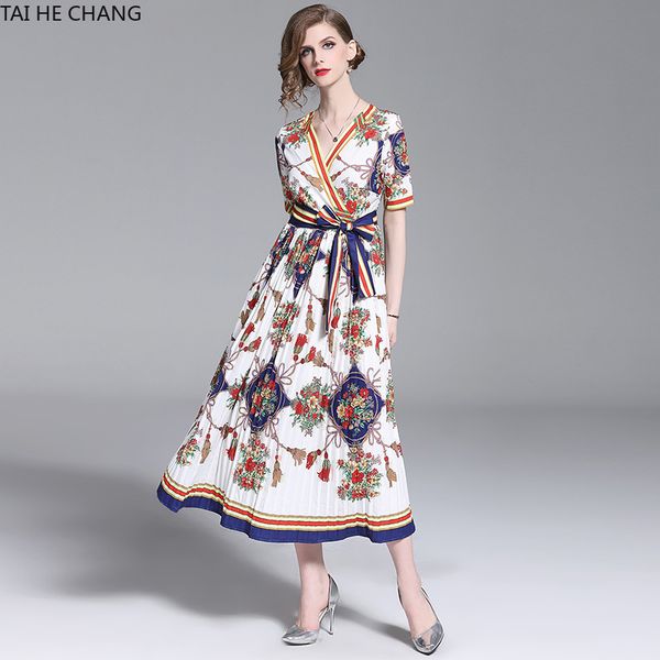 

fashion women dress summer spring elegant bodycon vintage party runway casual print short sleeve midi pleated office work v-neck dresses, Black;gray