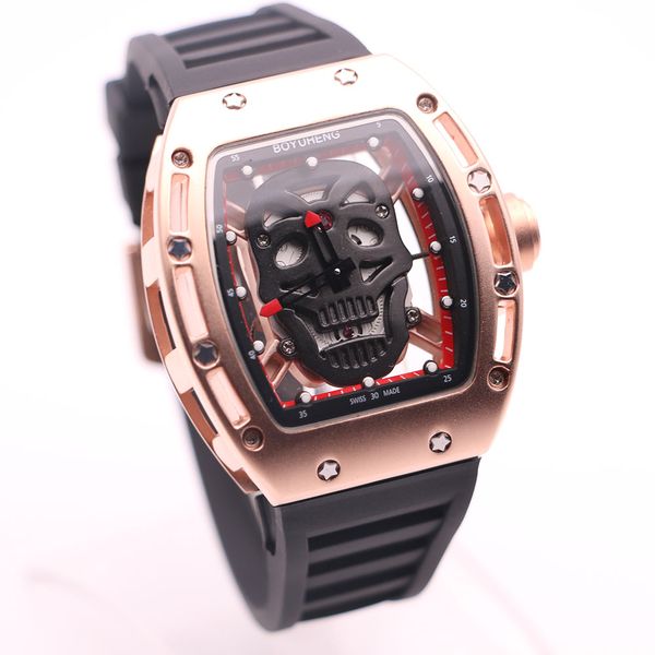 

new boyuheng gold case transparent back black skull head dial quartz tonneau case shape 43mm mens watches watch rubber band wristwatches, Slivery;brown
