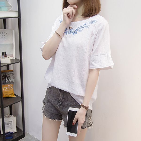

women's t-shirt plus size cotton and linen t-shirts women 2021 summer trendy ruffles short sleeve embroidery loose tshirt oversize clo, White