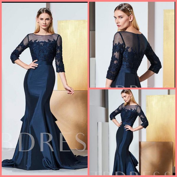

2019 mermaid navy blue lace appliques beaded evening dresses 3/4 sleeve modest muslim women formal prom party evening gowns, Black;red