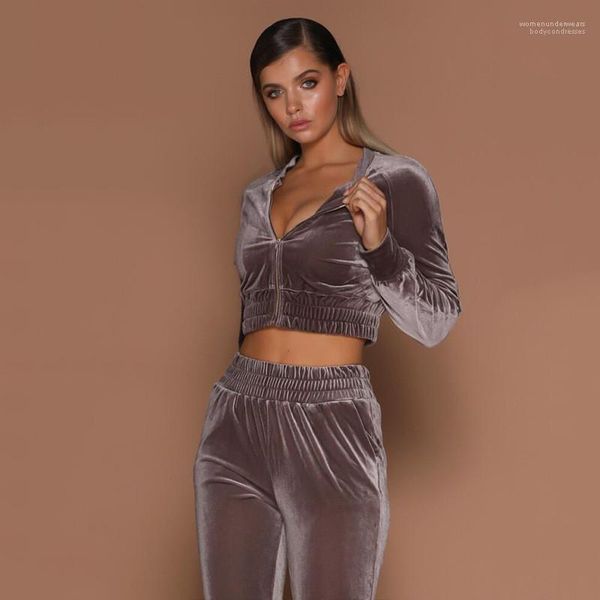 

long pencil pants casual womens 2pcs sets womens designer pleuche tracksuits fashion long sleeve short top, Gray