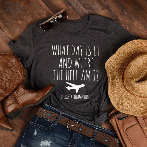 

what day is it and where the hell am i flight attendant life t shirt funny airplane mode graphic tees plaid, White