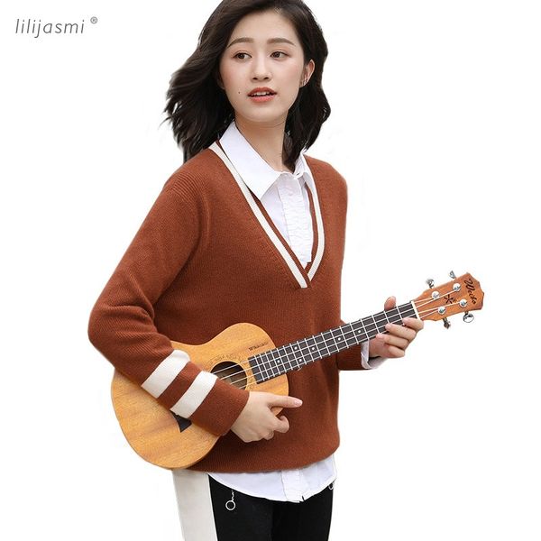 

fashion women's deep v-neck 100% cashmere white striped collar cuff sweater trend colors pullover sweater ladies jumpers #830, White;black