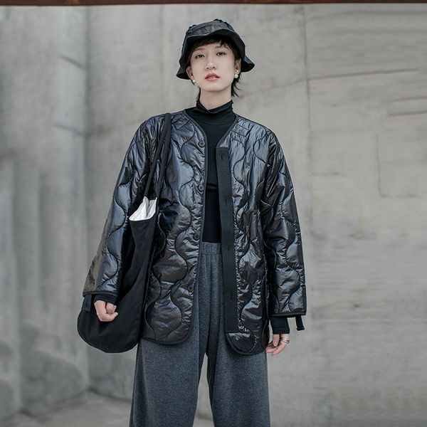 

korean version of cotton long-sleeved loose version women's parka coat lined gourd pattern black autumn and winter 2019 coat
