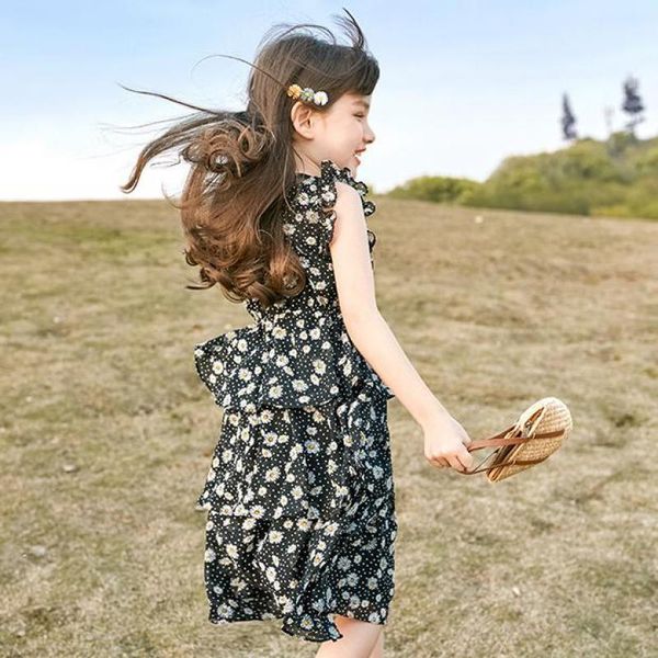 

girls red chiffon dress 2020 new summer dress princess style children's wear little daisy long dresses super fairy flower, Red;yellow