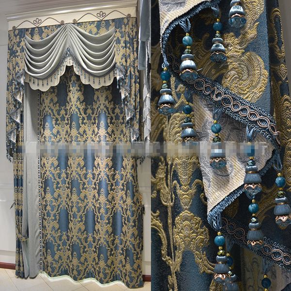 

custom curtains luxury high-precision jacquard european living room blue cloth blackout curtain valance tulle drapes b496