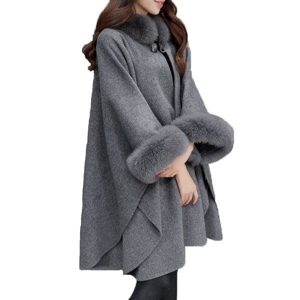 

autumn winter basic coats wool blend coat women elegant casual clothes casaco feminino loose fur collar long ponchos tweed capes, Black