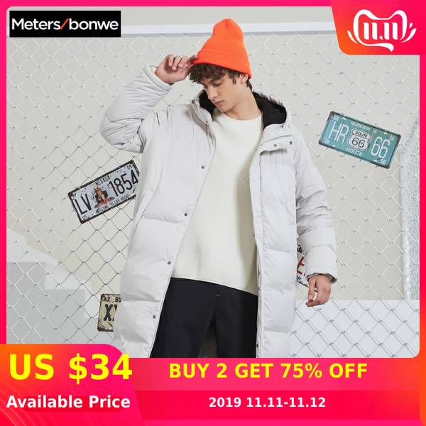 

metersbonwe 2019 new winter down jacket men's hooded casual clothes medium-and-long outdoor down coat, Black