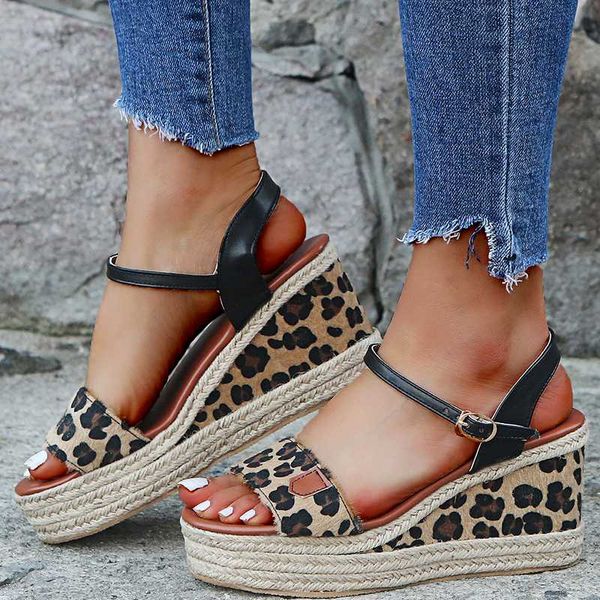 

animal pattern women platform sandal for women peep toe high wedges heel ankle buckles sandalia espadrilles female sandals shoes
