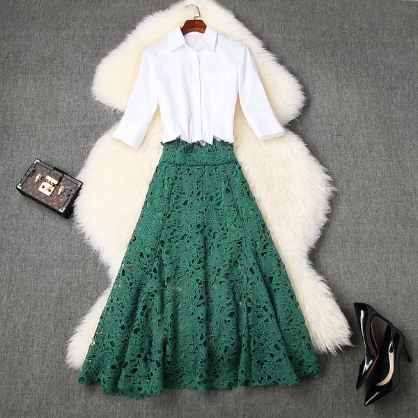 

women high waist lace skirt and set summer 2020 hollow out a-line long skirts + elegant white shirts two piece outift