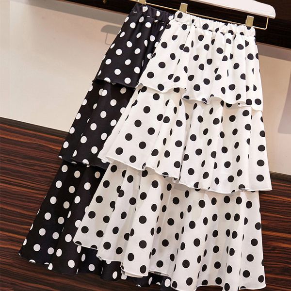 

skirts summer pleated womens casual high waist chiffon dot elegant elastic midi flared skirt large size, Black