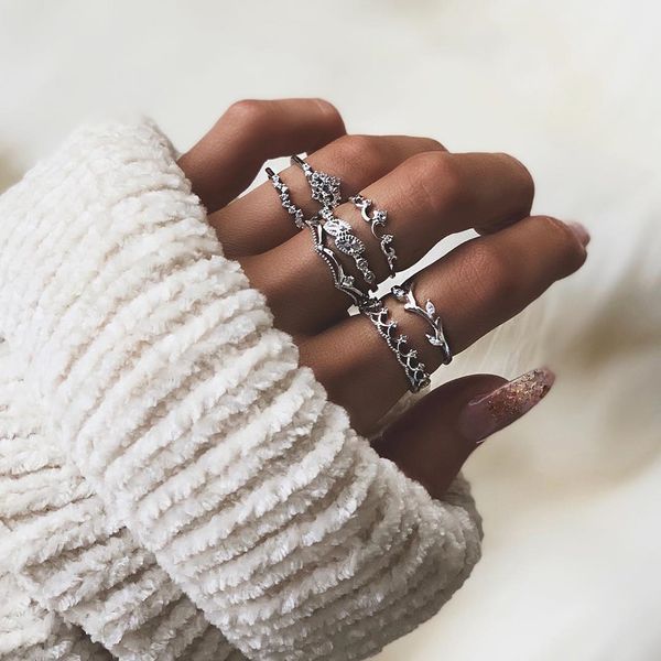 

7pcs tibetan silver bohemian ring set for women vintage crown leaves crystal finger ring lady female jewelry wedding party gift, Slivery;golden