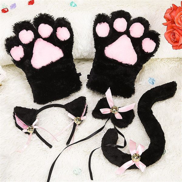 

kitten cat maid cosplay roleplay anime costume gloves ear tail tie party whole set, Black;red