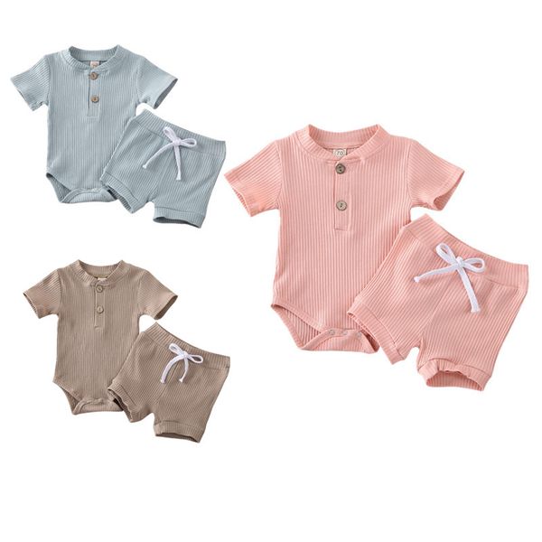 

newborn kids baby boys girls knitted cotton casual clothes short sleeve romper jumpsuit shorts solid color outfits summer set, White
