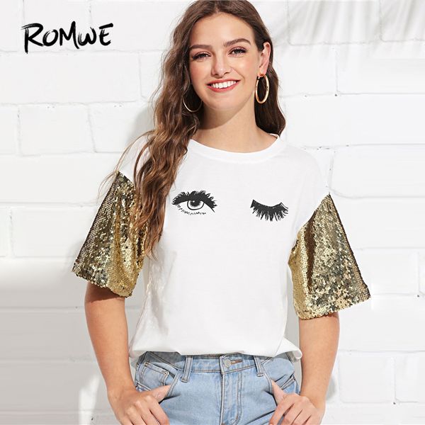 

contrast sequin sleeve wink eyes print tee 2019 short sleeve round neck colorblock tees women white summer t shirt