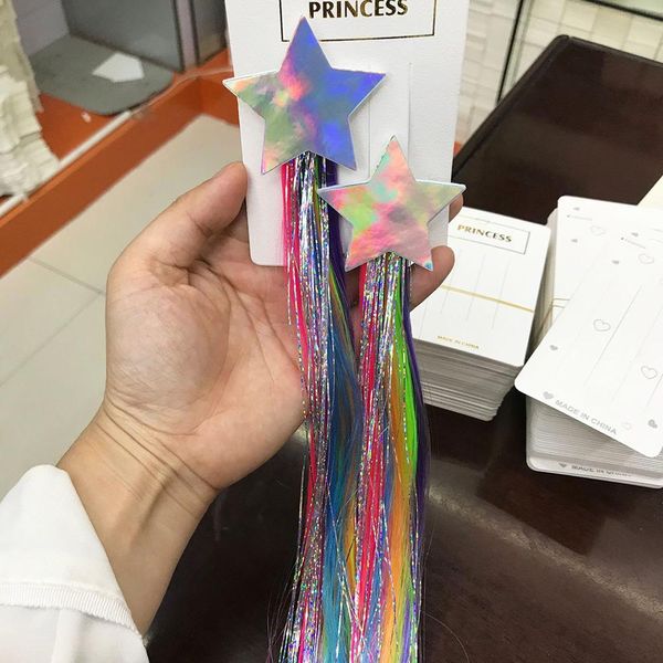 Clipes Laser peruca do cabelo colorido Tinsel extensão do cabelo da estrela para performance de palco Meninas Crianças Cosplay Cocar Acessórios