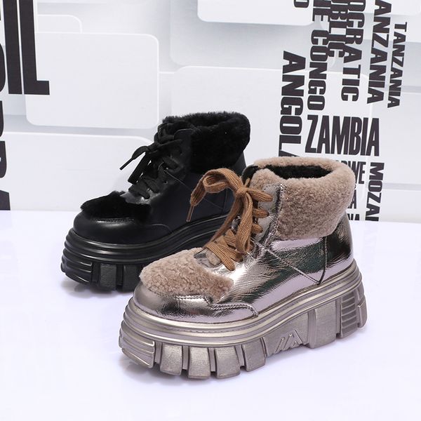 

2019 winter new snow short boots women's fashion comfortable warm plus velvet high shoes women's wild platform lace cotton shoes, Black