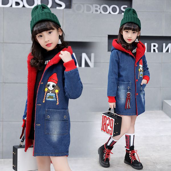 

hooded fleece cute cartoon girls heavyweight denim jacket long thermal kids winter jean coat parkas children's clothing, Blue;gray