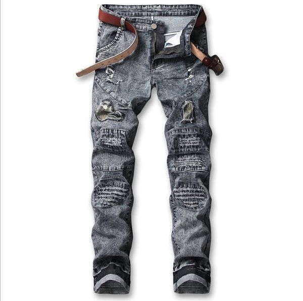 

mens designer knee patch hole straight jeans, Blue