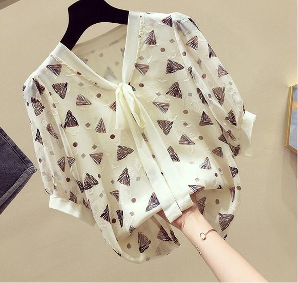 

2020 summer printed chiffon blouse korean half sleeve loose sweet v-neck office lady style blouse woman clothes blusas elegant, White