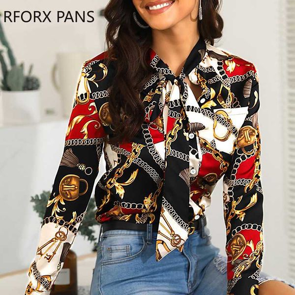 

women tied neck chain print casual shirt long sleeve blouse, White