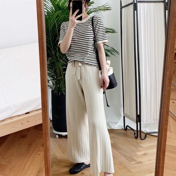 

2020 summer women two piece set casual short sleeve o-neck striped knitted sweater & wide leg pants set long trousers streetwear, White