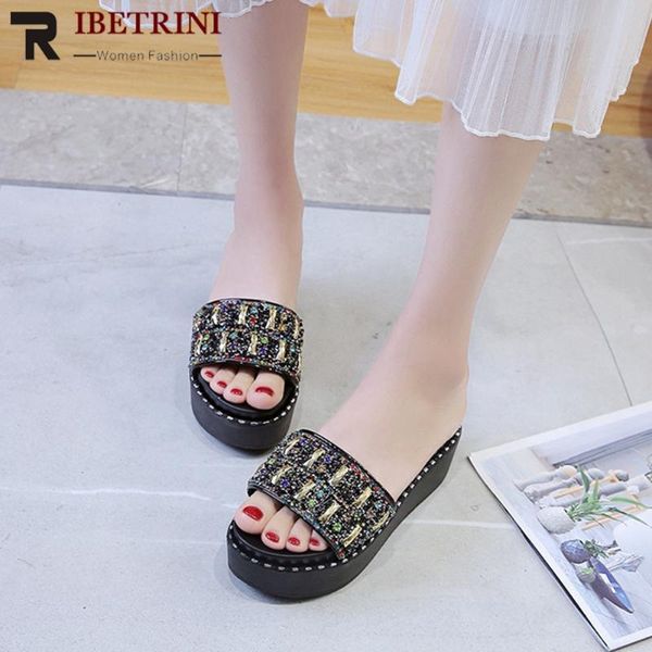 

ribetrini fashion women open toe bling summer shoes women slip on slippers seiwng outdoor casual leisure slippers, Black