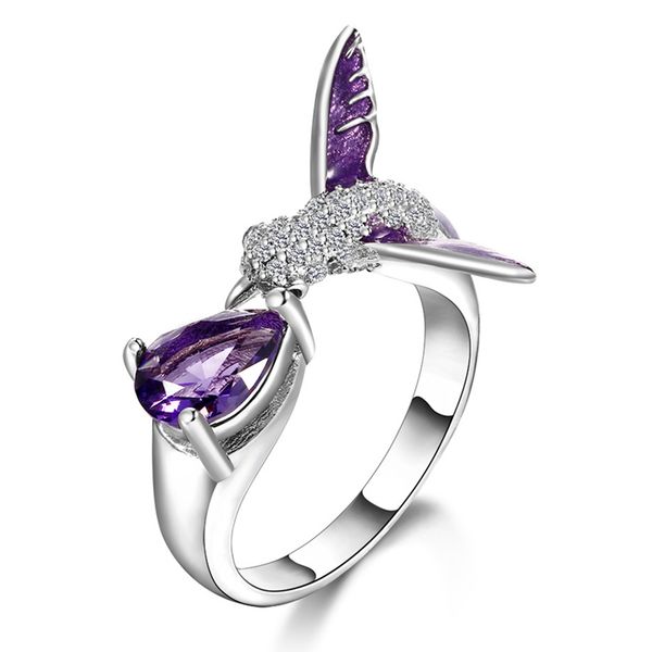 

new creative adjustable purple crystal animal bird shaped wedding ring for women qualtiy opening ring jewelry, Slivery;golden