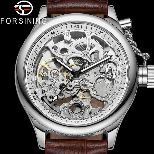

forsining automatic mechanical men wristwatch sport male clock skeleton waterproof man watch gift 8155, Slivery;brown