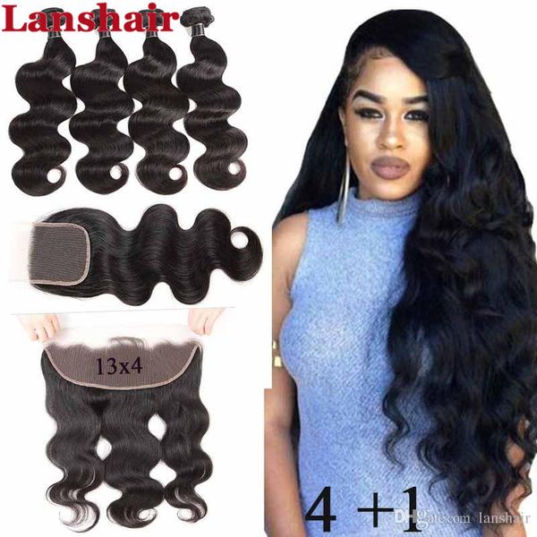 

перуанская объемная волна remy волос 4 пачки с 4x4 шнурком закрытие перуанских телами волновых переплетения человеческих волос 4 пучков с 13, Black