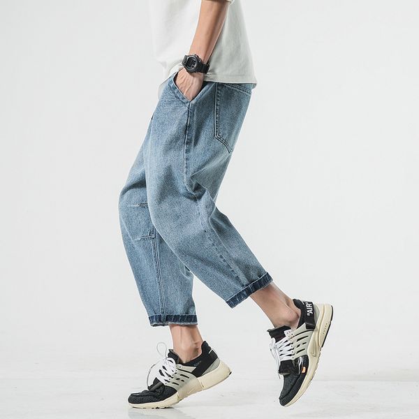 

men's loose ankle pants jeans fashion new plus fat large size -5xl men's casual denim cropped pants wide jeans men, Blue
