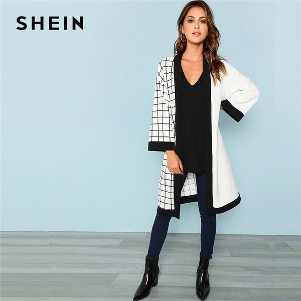 

shein multicolor highstreet office lady cut and sew grid print long sleeve minimalist coat 2018 autumn women outerwear clothes, Tan;black