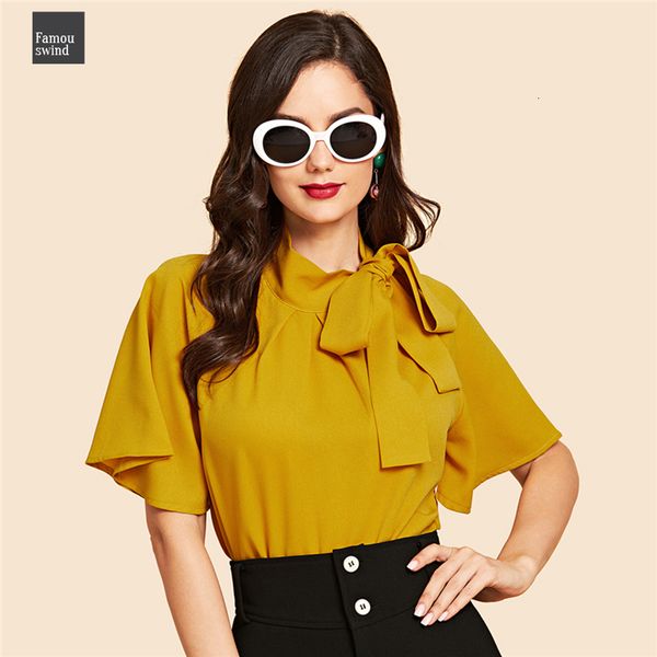 

имбирь vintage блузы элегантный офис леди флаттер рукава tie neck блуза осень повседневная женщины топы и втулки, White