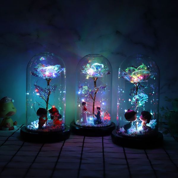

24k aluminum foil gold rose in glass dome with led light luminous, used for wedding valentine's day halloween decoration