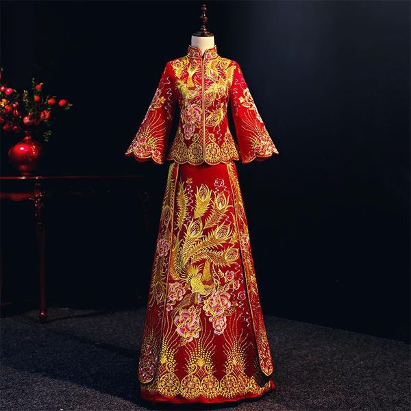 

asian women qipao suzhou embroidery phoenix cheongsam costume noble long sleeve bride wedding dress toast suit clothing, Red