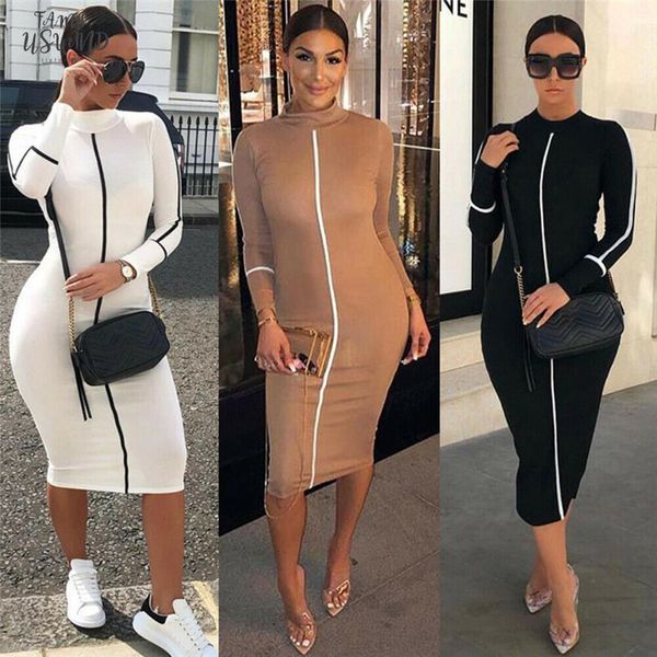 

mid calf hihg neck long bodycon dress cotton fitness sundress elegant summer female christmas party dress, Black;gray