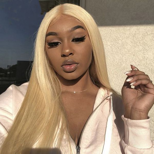 

malaysian blonde human hair full lace wigs silky straight #613 color remy hair lace front wigs with baby hair bleached knots, Black;brown