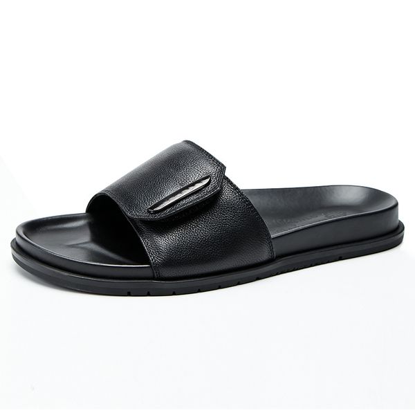 

anti-skid big size mens flip flop sandals fender summer men genuine leather slippers cowhide casual shoes beach outdoor, Black