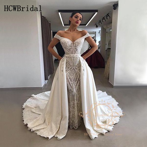 

2020 glamorous mermaid lace arabic wedding dresses off the shoulder detachable train customize dubai wedding gowns robe de mariee, White