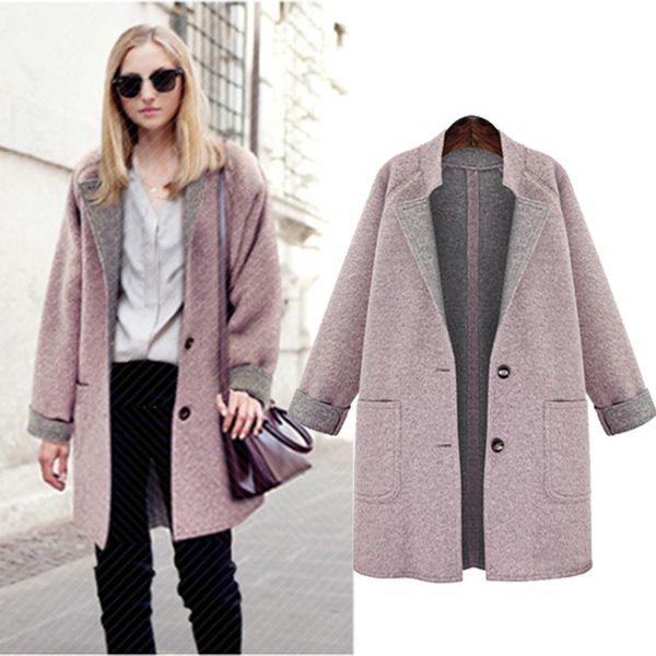 

autumn winter fashion women coats elegant office lady long sleeve blazer suits wool trench coat overcoat female woolen outerwear, Black